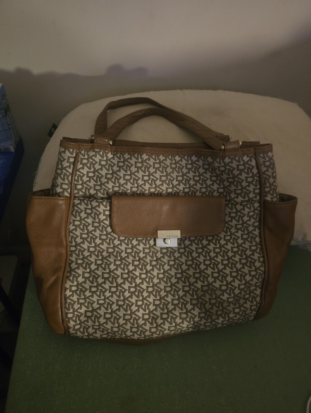 DKNYC Monogram Tote in Brown and Cream